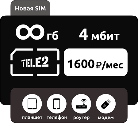 SIM-карта Теле2 безлимит 4 мбит 1600